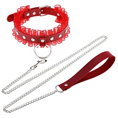 Fm Fm42 Red Pu Simulated Leather Silvert-Tone Rivets O Ring Lace Collar Choker Necklace With Detachable Chain Leash #TOP26