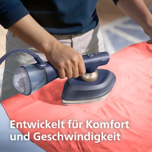 Philips OneTurn Fer à repasser 2 en 1 et Steamer 8000 Series avec tête rotative, facile à repasser – Pas de planche, vapeur continue 45 g/min, économe en énergie 1800 W, bleu foncé (GC215/20) - 8