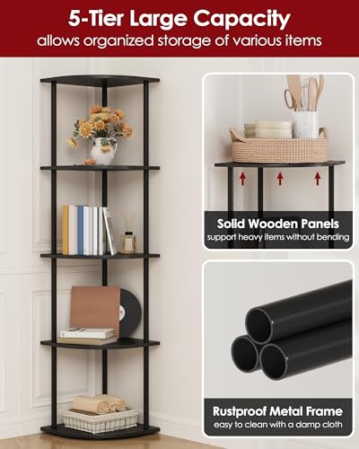 Sakugi Corner Shelf - 5-Tier Corner Bookshelf with Wall Anchors & Non-Slip Feet, Corner Shelves with Rustproof Metal Frame for Bedroom, Living Room, Home Office, 11.6\"×11.6\"×56.2\", Black - Thumbnail 4