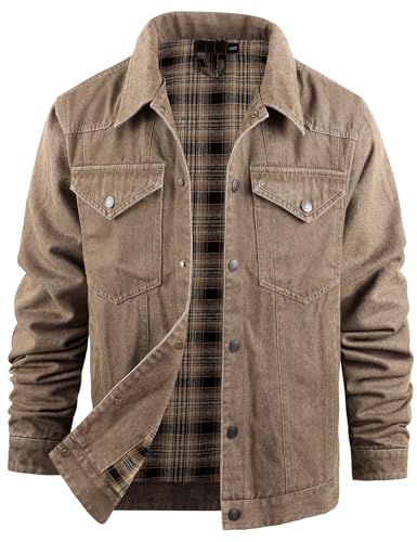 Image of PEHMEA Men's Lined Flannel Denim Stylish Cowboy Trucker Coat Snap Button Rugged Western Shirts Jackets(Brown-S)
