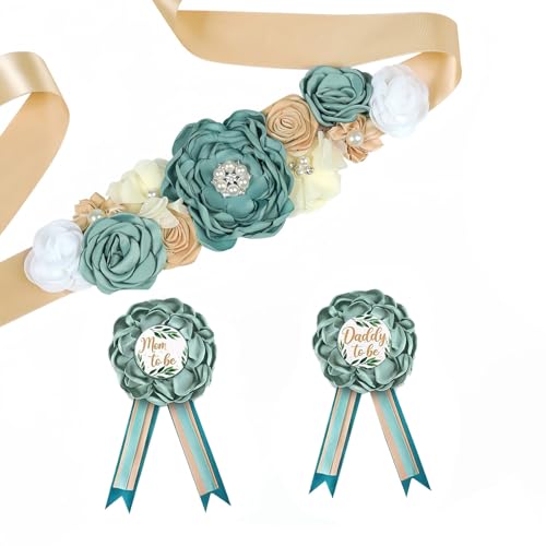 Lauthen.S Flower Maternity Sash Belt and Daddy To be Mom To be Corsage Set for Greenery ThemeBaby Shower Pregnancy Gender Reveal Party Photo Props2