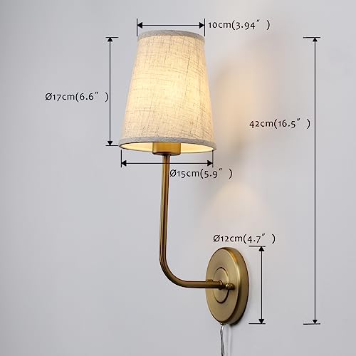 Image of Pathson Set of 2 Plug in Fabric Wall Sconce Linen Cloth Shade, 1-Light Vintage Wall Light Fixture for Living Room Bedroom