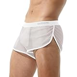 GENEMEN Herren Netz Boxer Shorts Sexy Durchsichtige Unterwäsche Seitenschlitz Atmungsaktive Dessous Mesh Pyjama (Weiß, L)