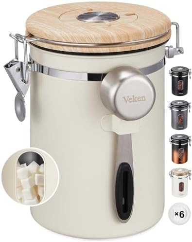 Veken Coffee Sugar Canister with Window, Coffee Lover Gift Set,Airtight Stainless Steel Kitchen Food Storage Container Gifts, Date Tracker & Scoop for Grounds Coffee,Beans,Tea,Flour,Cereal,22OZ,Cream