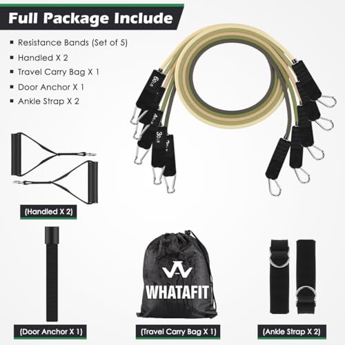 Image of WHATAFIT Resistance Bands, Exercise Bands, Workout Bands with Handles, Door Anchor and Ankle Straps, 5 Resistance Levels Fitness Bands for Strength Training, Physical Therapy, and Home Gym Equipment