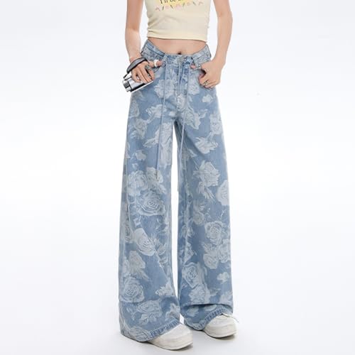 Fashion Casual High Waisted Straight Leg Jeans for Woman Y2K Cute Floral Printed Waist Drawstring Denim4