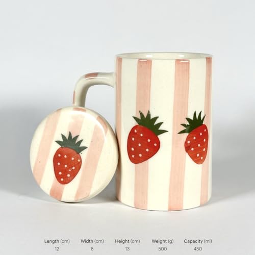 Image of SNS Handmade Ceramic Tumbler Mug with Lid (Pack of 2) | Coffee, Tea, Iced Beverage & Juice Cup | Hot & Cold Drinkware | Aesthetic Designer Mug for Home, Office & Gifting (Strawberry Bliss Mug)