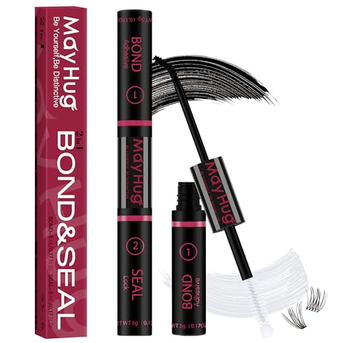 Mayhug Lash Bond and Seal Waterproof Lash Glue Long Lasting 72H Strong Hold Eyelash Glue for Clusters 2 in 1 Adhesive and Sealant DIY Lash Extension (5ml+5ml)