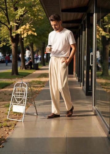 Image of KOTTY Men's Wide Leg Casual Style Korean Trousers with Relaxed Fit Tailoring Modern Structured Design for Professional Wear