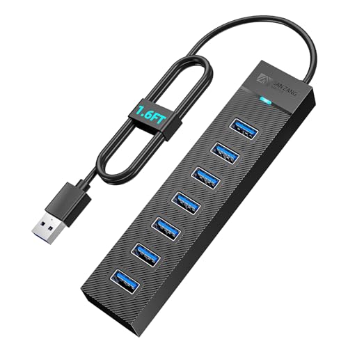 7 Ports USB Hub 3.0, SAN ZANG MASTER USB 3.0 Hub, 5Gbps HighSpeed Data USB Extender for Laptop, USB Flash Drive, Mobile HDD, Printer, Camera, Keyboard, Mouse, Windows/XPS (1.6FT)?50cm?