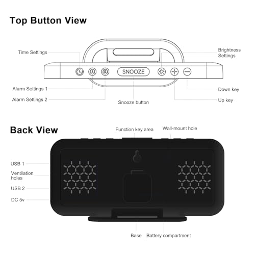 ALANAS Slim Digital Alarm Clock,Big Mirror Display with Dual USB Charger Ports, Dual Alarms, Snooze, 4-Level Adjustable Dimmer, Aesthetic Modern Desk Clock for Home Office, Bedroom.