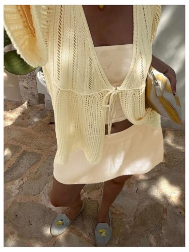 SOLY HUX Women's Crochet Knitted Cardigan Bow Tie Front Deep V Neck Half Sleeve Hollow Out Sweater Tops4