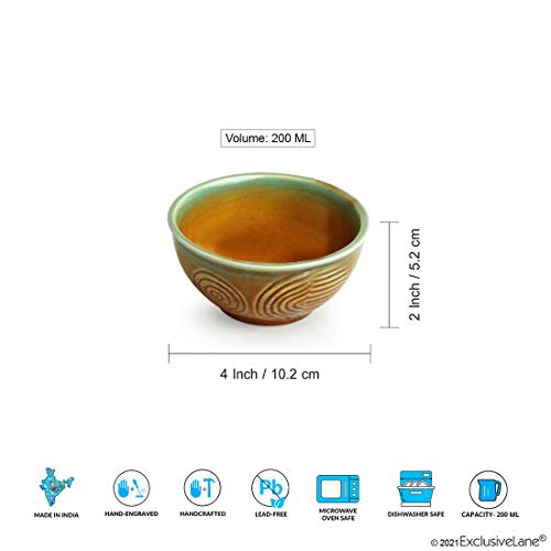 Image of ExclusiveLane 'Peacock Boulevard' Hand-Engraved Ceramic Bowl Dining Bowl Ceramic Katoris (Set of 6, 200 ML, Microwave Safe, Dishwasher Safe) - Ceramic Bowls For Kitchen Dinner Bowls Set