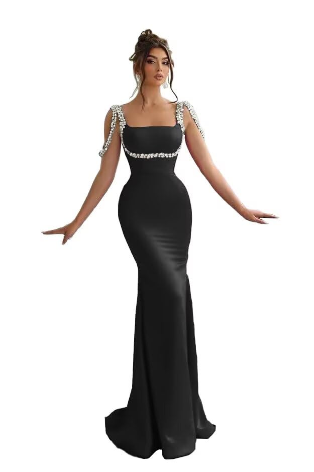 Beaded Prom Dresses 2026 Mermaid Spaghetti Straps Satin Long Bodycon Formal Party Evening Gowns