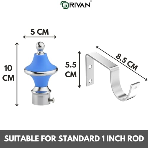 Image of GRIVAN Stainless Steel & ABS Curtain Bracket Parda Holder with Support 1 Inch Rod Pocket Finials Designer Door and Window Rod Support Fittings, Curtain Rod Holder (Pair of 2, Sky Blue)