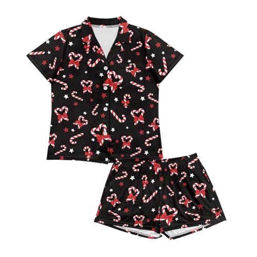 Renewold Christmas Candy Cane Star Womens Pajamas Set Womens Loungewear Button Down Pj Sets Night Suit Short Sleeve V Neck Shirt and Shorts Bottoms Sleepwear Set for Festival Casual Party Home L