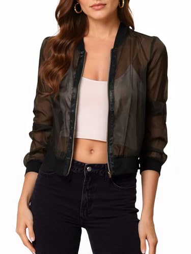 Fisoew Women's Crop Mesh Sheer Bomber Jackets Lightweight Long Sleeve Zip Up Jacket Outwear