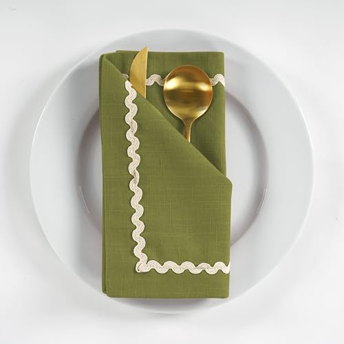 Image of FINGERCRAFT Cloth Napkins Set of 6, 18x18 Inch, 100% Cotton Table Napkins with RIC Rac Scallop Lace Trim, Reusable Washable Dinner Napkins for Wedding, Party, Dining & Home Decor (Olive)