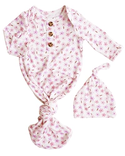 Image of Caden Lane Newborn Knotted Gown with Hat, Soft Bamboo Viscose Baby Sleep Sack, Unisex Infant Nightgown, Breathable Sleepwear