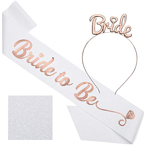 CORRURE 'Bride to Be' Sash and Tiara - Bridal Shower White Glitter Sash with Rose Gold Foil - Bachelorette Sash and Crown Hen Party Decorations Supplies Accessories, Wedding Engagement Favors Gift