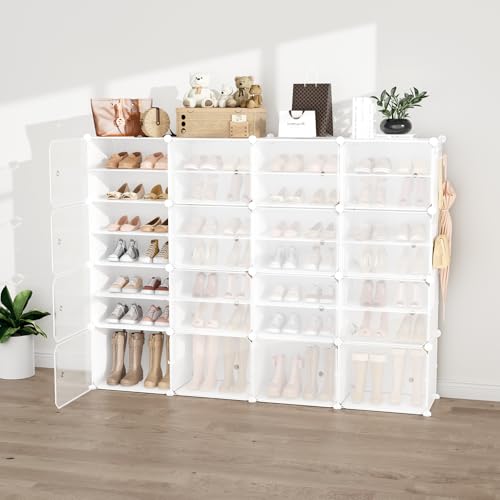 Image of Portable Shoe Rack Organizer with Door, 64 Pairs Shoe Storage Cabinet Easy Assembly, Plastic Adjustable Shoe Storage Organizer Stackable Detachable Free Standing DIY Expandable 8 Tier White