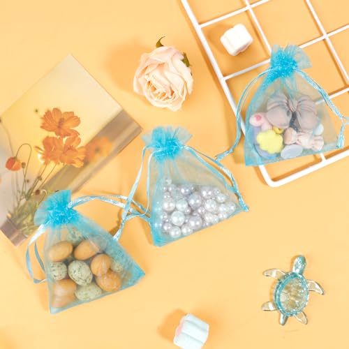 Image of Sheer Organza Bags - 50 Pcs, Small with Drawstring, Jewelry Gift Bags for Parties & Weddings, Mini Candy Bags, Lake Blue