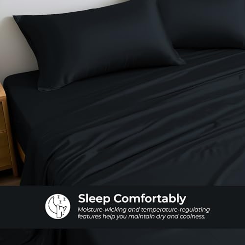 LINENWALAS Queen Flat Sheet - Rayon Derived From Bamboo Silk Bed Sheet, Premium Breathable Cooling Top Sheet, Soft Halloween Bedsheet (Queen, Jet Black) - Image 5