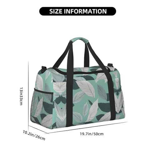 Mint Gray Leaves print Carry on Bag Underseat forTraveling Personal Item Bag Travel Duffel Bag Gym Bag for Women Men4