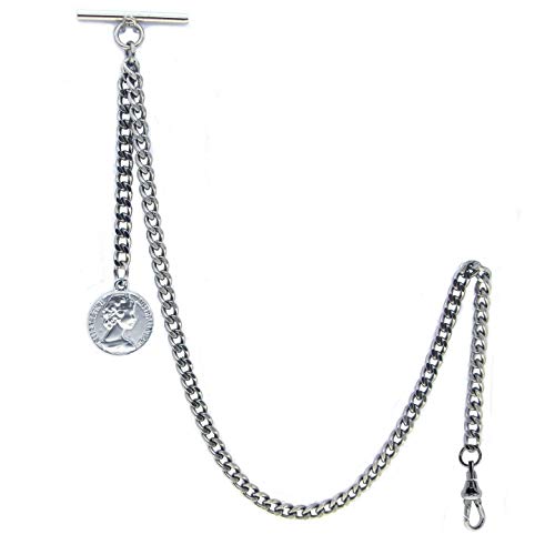 WATCHVSHOP Albert Chain Silver Tone Pocket Watch Chain Vest Chain for Men with Half Penny Coin Design Fob T Bar Swivel Clasp AC72A