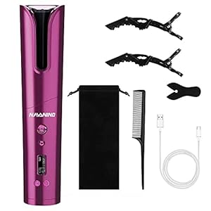 NAVANINO Automatische Lockenstab Kabelloser Lockenwickler, Drahtloser lockenstab große Locken USB-C Hair Curler mit Verbrühschutz, 7 Temperatur 6 Zeiteinstellungen LCD Display, Schwarz, 5-teiliges Set