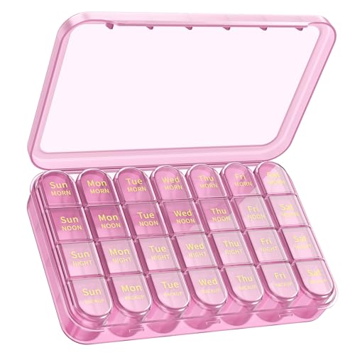 Image of Daviky Pill Organizer 4 Times a Day - Pill Box 7 Day, Weekly Medicine Pill Organizer for Travel with Removable Containers, Pill Case to Hold Daily Vitamins, Supplements and Medication (Pink Purple)