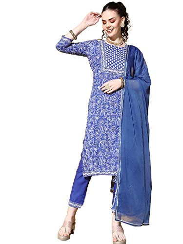 Image of ishin Women's Cotton Embroidered A-Line Kurta Trouser with Dupatta Set