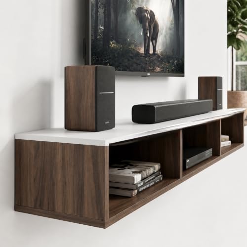 Image of Bros Moon Wall Mounted TV Cabinet, Choco White, MDF, Modern Style, Laminated Finish, for Living Room, Suits TV up to 55 Inches (Choco White, Parallel Roof Top 48 Inches)