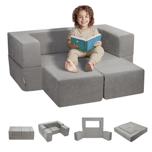 VEVOR Modular Kids Play Couch, Toddler Sofa Bed, Child Sectional Sofa with Removable Cover for Kids Girls & Boys, Grey
