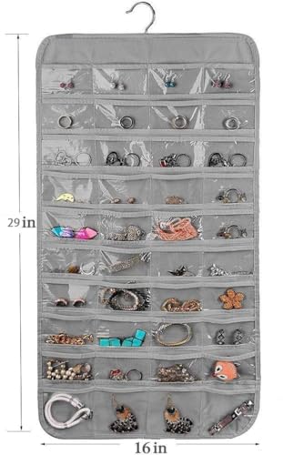 Image of Earring Organizer for Women | Hanging Jewellery Organiser with 48 Double-Sided Transparent Pockets | Earrings Holder, Necklace, Bangle Organizer | Jewelry Storage Organizer for Wardrobe Closet (Grey)