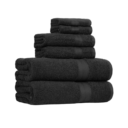 Amazon Basics 6 Piece Oversized Fade resistant Towel set, 100% Cotton towels for bathroom, soft and absorbent, 2 Bath Towels, 2 Hand Towels and 2 Washcloths bathroom towel set, Black