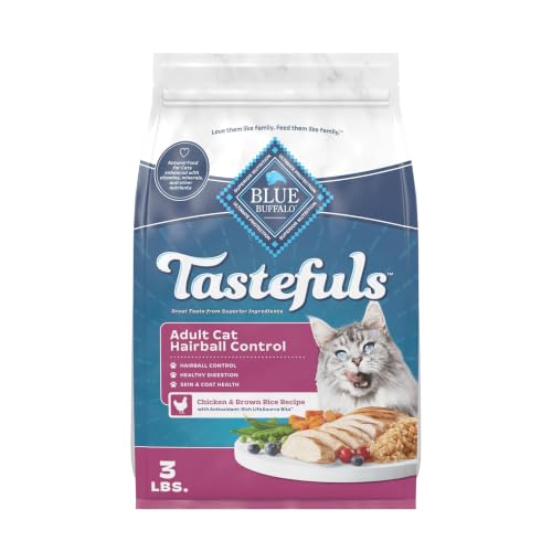 Blue Buffalo Tastefuls Adult Hairball Care Dry Cat Food Made in the USA with Natural Ingredients Chicken & Brown Rice Recipe 3-lb. Resealable Bag