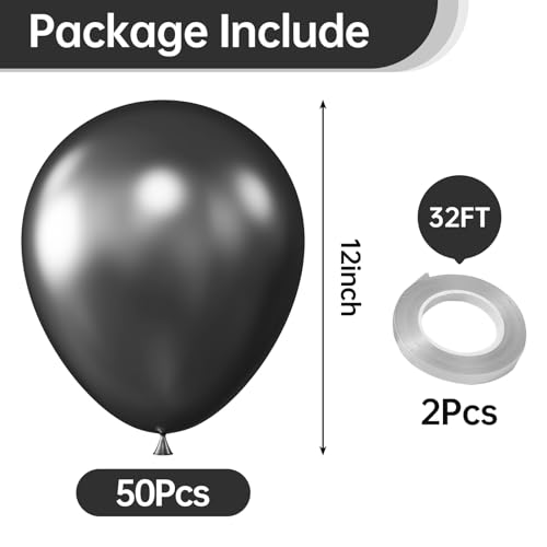 Image of KALOR 12 Inch Metallic Black Balloons, 50 Pcs Latex Helium Metallic Balloons for Kid's Birthday Party, Baby Shower, Wedding, Graduate Party Decorations