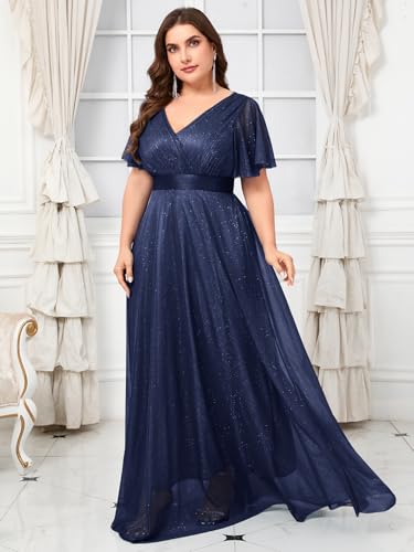 Image of Women's Plus Size Formal Dress Sparkly V Neck Ruffle Sleeve A Line Evening Gown Wedding Guest Bridesmaid Dresses