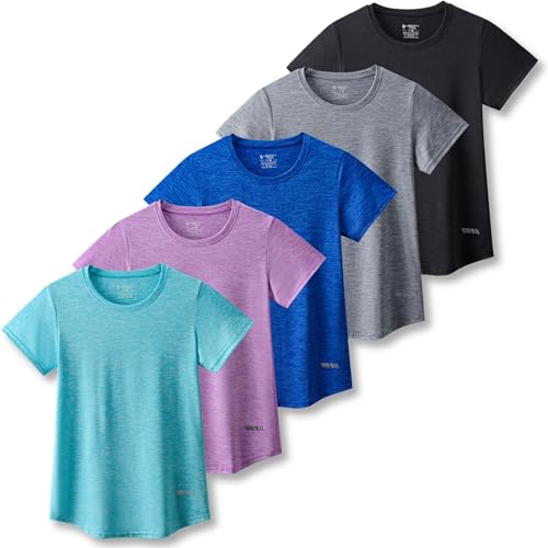 5 Pack: Women's Dry Fit Short Sleeve T Shirts, Athletic Workout Tee Tops for Gym Yoga Running (Set 8, Large)
