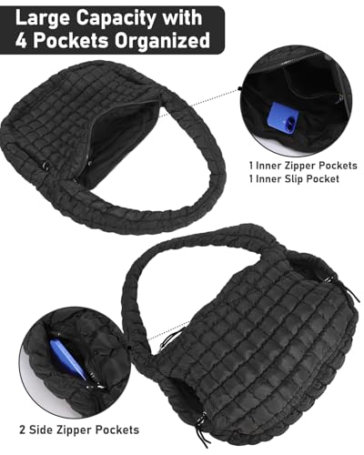Image of Large Quilted Puffer Tote Bag for Women with Mini Pouch Puffy Crossbody Bags Purse Hobo Puff Shoulder Carryall Gym Travel