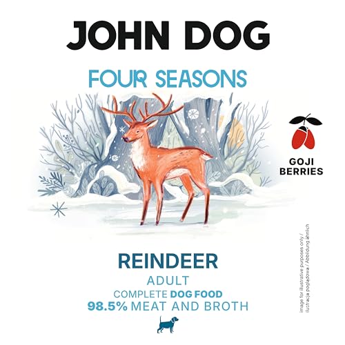 John Dog Premium Hundefutter Nass mit Rentier 400g - Monoprotein Nassfutter für Hunde - Glutenfreies Hundenassfutter mit 98,5% Fleischanteil - Hypoallergenes Futter - Four Seasons
