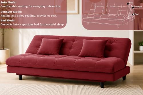 Image of Los Angeles Modern Convertible Futon Sofa Bed, Tufted Upholstered Folding Couch with Adjustable Backrest, Space Saving Sleeper Sofa for Living Room, Apartment, Office, Dorm & Guest Room - Red