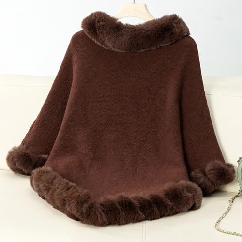 HGps8w Women's Winter Fur Trim Irregular Hem Shawl Wrap - Cozy Warm Loose Pullover Knitted Poncho Cape Cardigans Shawls3