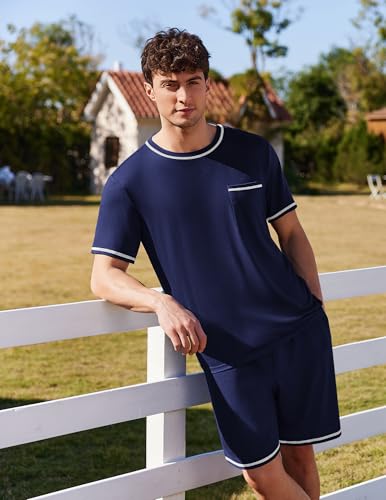 Image of Ekouaer Men's Pajamas Set Casual Short Sleeve Shirts and Shorts Soft 2 Piece Loungewear With Pockets