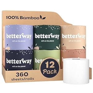 Betterway Bamboo Toilet Paper 3 Ply – Sustainable Toilet Tissue – 12 Long-Lasting Rolls & 360 Sheets Per Roll – Septic Safe – Organic, Plastic & PFAS Free – FSC Certified