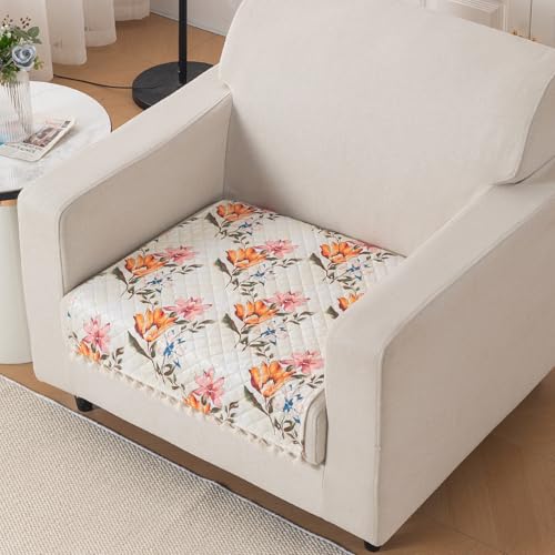 Image of HOKIPO Painterly Floral Quilted Sofa Cover Mat with Tassels for 1 Seater 'Tassel Twigs' Series (IN-982-T8)