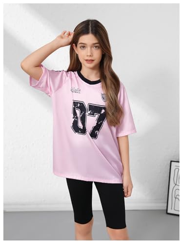 Image of GORGLITTER Girl's Cute Tee Tops Y2K Oversized Jersey Letter Graphic V Neck Half Sleeve Summer Vacation Going Out Shirts