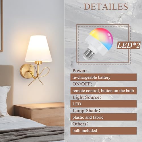 Image of ADISUN Modern Wall Sconce Set of Two, Battery Operated Wall Sconce Remote Control Dimmable Wall Lamp Wireless Sconces for Living Room Bathroom Dining Room Corridor Staircase (2 Bulbs Included)