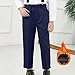 School Uniform Pants for Boy Fleece Lined Winter Warm Dress Pants High Rise Elastic Waisted Trousers with Pockets